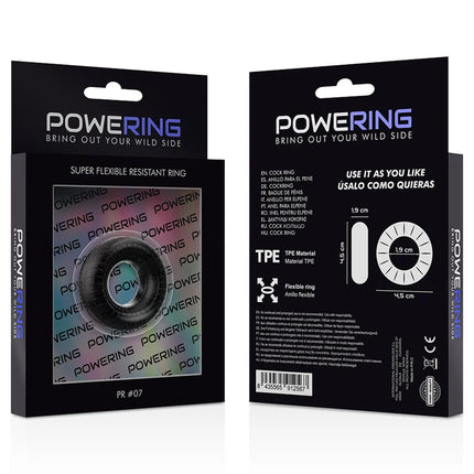 Schwarzer super flexibler und widerstandsfähiger penisring aus tpe material in powering markenverpackung