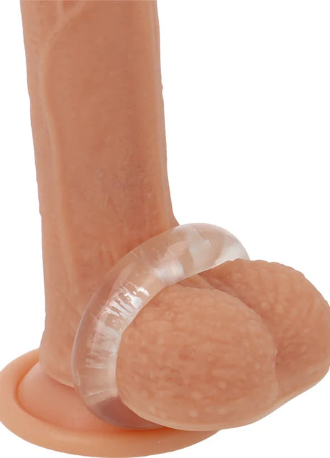 Peachfarbener silikon dildo mit klarem, strukturiertem penisring 4,8 cm flexibel und widerstandsfähig