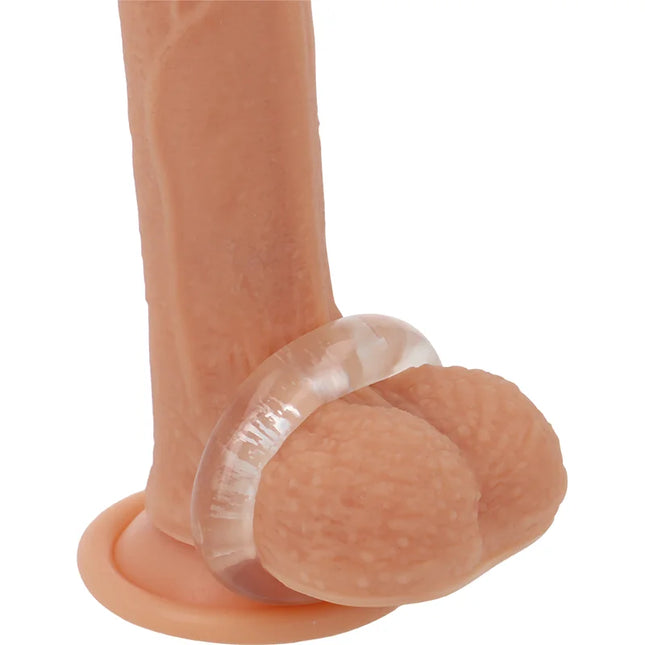 Peachfarbener silikon dildo mit klarem, strukturiertem penisring 4,8 cm flexibel und widerstandsfähig