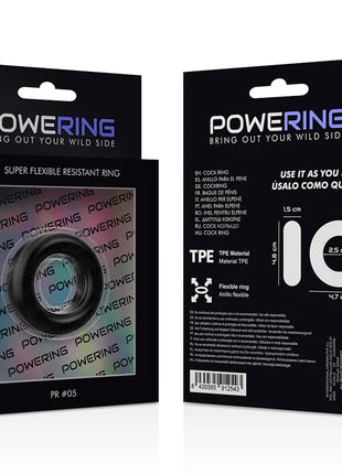 Black powering super flexibler und widerstandsfähiger penisring 4,8 cm pr05 schwarz aus tpe material mit maße auf verpackung
