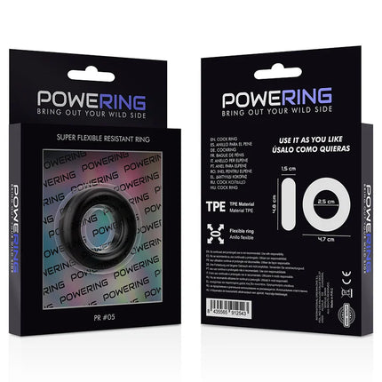Black powering super flexibler und widerstandsfähiger penisring 4,8 cm pr05 schwarz aus tpe material mit maße auf verpackung
