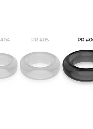 Drei durchsichtige silikon penisringe powering in hellgrau pr 04, mittelgrau pr 05 und schwarz pr 06 super flexibel und widerstandsfähig