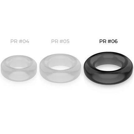 Drei durchsichtige silikon penisringe powering in hellgrau pr 04, mittelgrau pr 05 und schwarz pr 06 super flexibel und widerstandsfähig