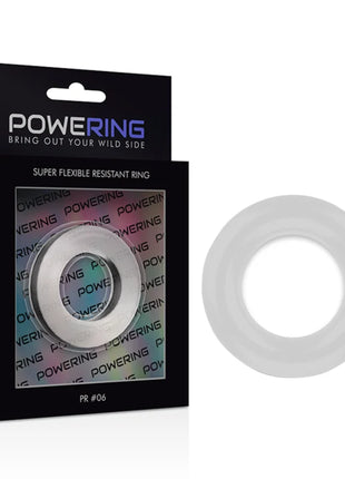Weißer transparenter silikon penisst ring mit 5,5 cm durchmesser in schwarzer verpackung mit powering schriftzug