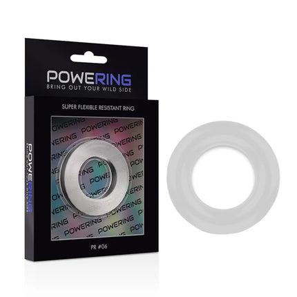 Weißer transparenter silikon penisst ring mit 5,5 cm durchmesser in schwarzer verpackung mit powering schriftzug