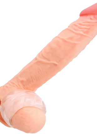 Peachfarbener silikon penisring mit durchsichtigem spitzen und abgerundetem basis für super flexible nutzung