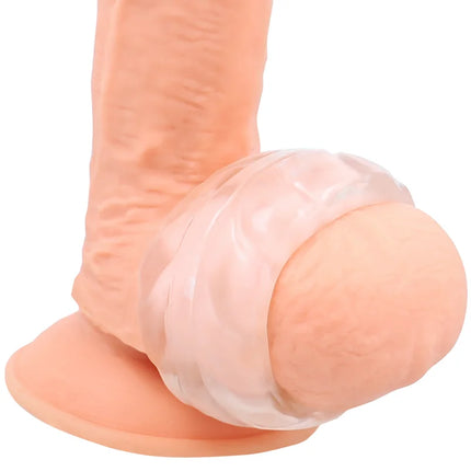 Peachfarbener silikon dildo mit klarer durchsichtiger hülle am kopf powering super flexibler und widerstandsfähiger penisring 5 cm pr11 klar