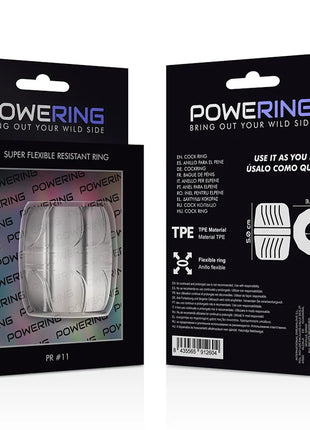 Silberner flexibler tpe penisring 5 cm in schwarzer verpackung mit powering label für hohe widerstandsfähigkeit