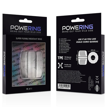 Silberner flexibler tpe penisring 5 cm in schwarzer verpackung mit powering label für hohe widerstandsfähigkeit