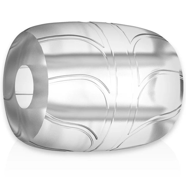 Klarer, zylindrischer penisring mit eingraviertem wirbelmuster und polierter metallischer oberfläche, 5 cm