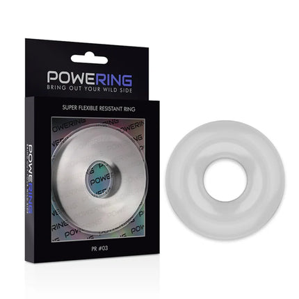 Powering super flexibler und widerstandsfähiger penisring 5cm pr03 klar aus klarem flexibles silikon mit glatter glänzender oberfläche und dezenten konzentrischen rillen