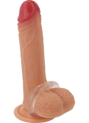 Peachfarbener silikon dildo mit roter spitze und klarem ring am basis ein powering super flexibler und widerstandsfähiger penisring 5cm pr03 klar
