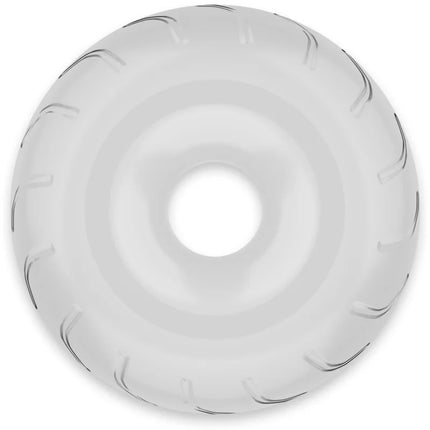 Klarer transparenter donutförmiger penisring aus flexiblem kunststoff mit glatter oberfläche und feiner rillenstruktur