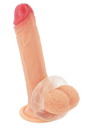 Peachfarbener silikon dildo mit klarem sockel und roter spitze powering super flexibler und widerstandsfähiger penisring 5cm pr08 klar