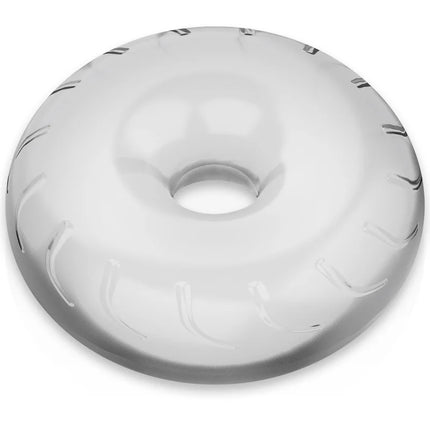 Klarer glas penisring mit donutförmiger form und subtilen gravierten linien rundum für super flexibilität und widerstandskraft