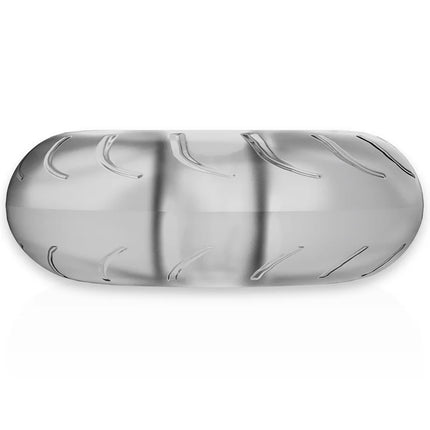 Silberne ovale pillendose mit durchsichtigem finish und geprägt reifenprofil für powering super flexibler widerstandsfähiger penisring 5cm pr08 klar