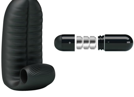 Schwarzer silikon stimulator-fingerhut mit strukturierter oberfläche und metallischem batteriefach von pretty love