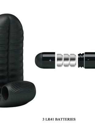 Schwarzer silikon stimulator-fingerhut mit strukturierter oberfläche und metallischem batteriefach von pretty love