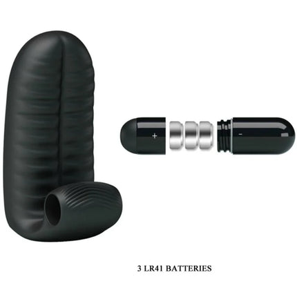 Schwarzer silikon stimulator-fingerhut mit strukturierter oberfläche und metallischem batteriefach von pretty love