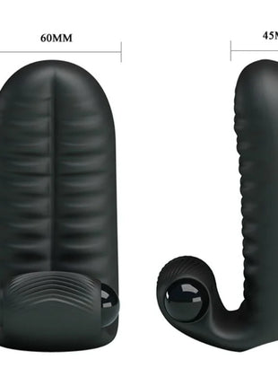 Schwarzer silicone stimulator-fingerhut mit strukturierten rillen und glänzendem kugelkopf von pretty love