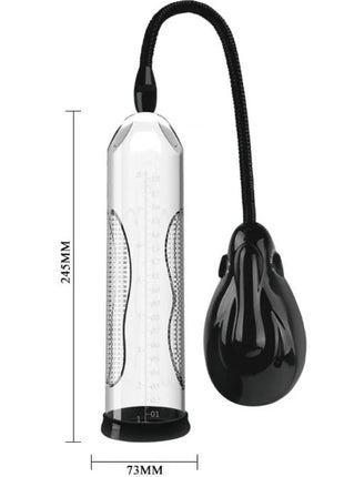 Schwarze und klare glasvakuumpumpe mit flexiblem schwarzen schlauch und messskala im transparenten zylinder von pretty love alexander automatische erektionspumpe