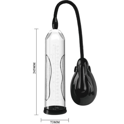 Schwarze und klare glasvakuumpumpe mit flexiblem schwarzen schlauch und messskala im transparenten zylinder von pretty love alexander automatische erektionspumpe