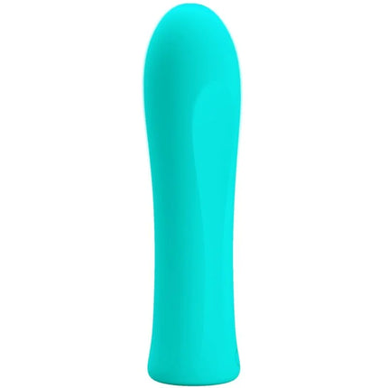 Ein eleganter, fester türkisfarbener silikonvibrator mit glattem, konischem design von pretty love alfrieda super power vibrator aqua green