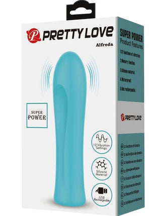 Ein schlanker, hellblauer silikonvibrator pretty love alfreda super power mit glatter, gebogener form und usb-aufladung