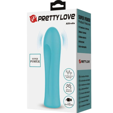 Ein schlanker, hellblauer silikonvibrator pretty love alfreda super power mit glatter, gebogener form und usb-aufladung
