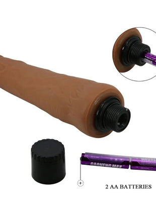 Tan silikon realistischer vibrator 21,5 cm mit schwarzem gewindedeckel und lila aa-batterien von Pretty Love