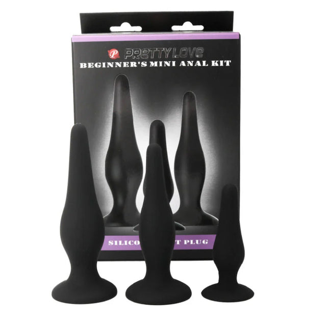 Schwarze silikon analplugs im einstiegsset von prettylove für anfänger zur sanften einführung