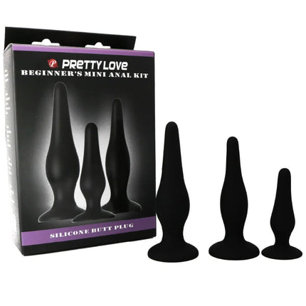 Schwarze silikon analplugs in drei größen von prettylove, anfänger mini analset aus silikon