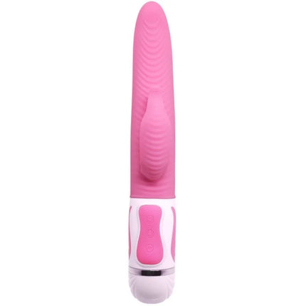 Pink und weißer silikon-vibrationsstab pretty love antoine rotation mit strukturiertem griff und steuerungstasten