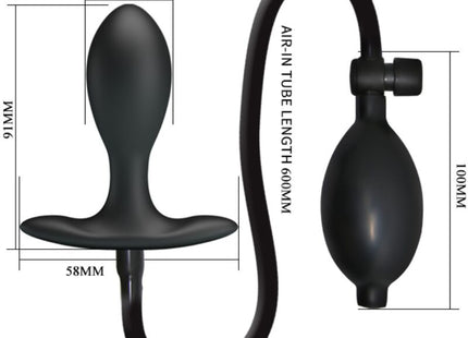 Schwarzer silikon analstecker mit aufblasbarer pumpe und schlauch von pretty love sichtbar von der rückseite