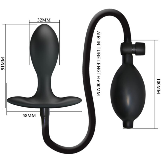 Schwarzer silikon analstecker mit aufblasbarer pumpe und schlauch von pretty love sichtbar von der rückseite
