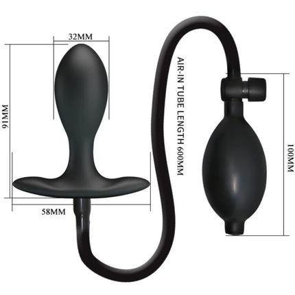 Schwarzer silikon analstecker mit aufblasbarer pumpe und schlauch von pretty love sichtbar von der rückseite