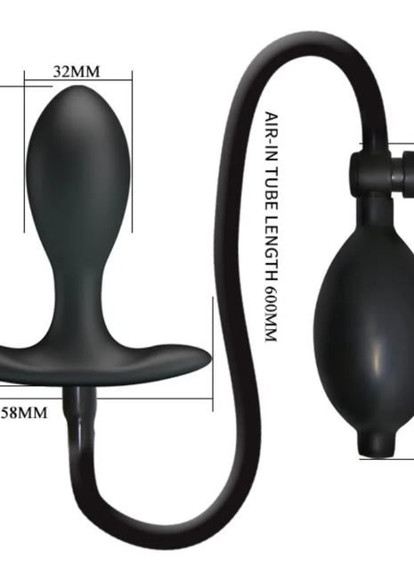Schwarzer silikon analstecker mit aufblasbarer pumpe und schlauch von pretty love sichtbar von der rückseite