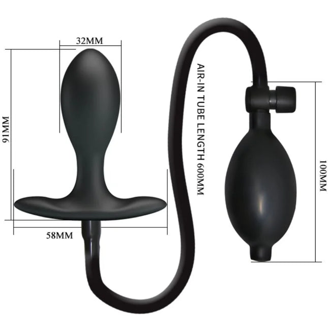 Schwarzer silikon analstecker mit aufblasbarer pumpe und schlauch von pretty love sichtbar von der rückseite