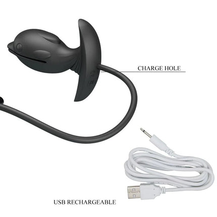 Schwarzer silikon delfin förmiger wiederaufladbarer vibrator mit gebogenem ladekabel von Pretty Love