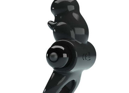 Schwarzer glossy rabbit vibrierender ring mit glattem design und rundem knopfdruck auf der rückseite