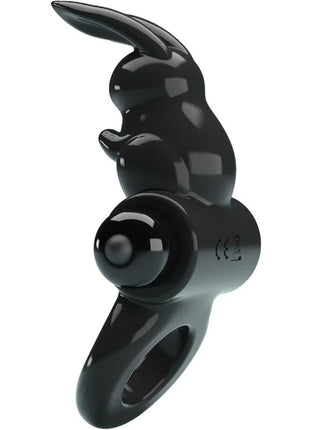 Schwarzer glossy rabbit vibrierender ring mit glattem design und rundem knopfdruck auf der rückseite