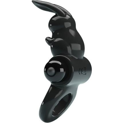 Schwarzer glossy rabbit vibrierender ring mit glattem design und rundem knopfdruck auf der rückseite