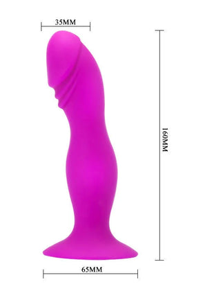 Ein lebhafter magentafarbener silikon realistischer stecker mit gebogener spitze und stabilem breitem sockel von pretty love