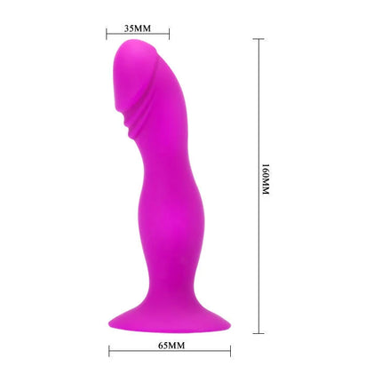 Ein lebhafter magentafarbener silikon realistischer stecker mit gebogener spitze und stabilem breitem sockel von pretty love