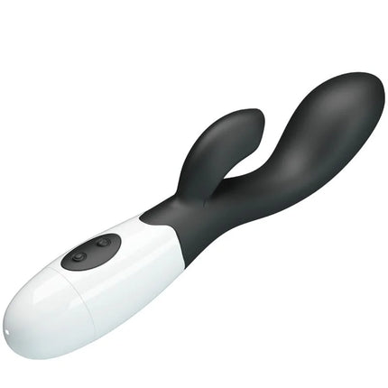 Schwarzer und weißer silikon rabbit vibrator mit zwei bedientasten am griff von pretty love brighty g-spot vibrator