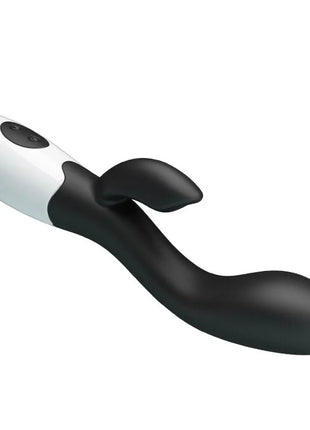 Schwarzer und weißer silikon vibrator in hasenform mit glatter glänzender oberfläche von pretty love brighty g-spot vibrator