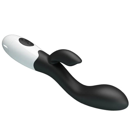 Schwarzer und weißer silikon vibrator in hasenform mit glatter glänzender oberfläche von pretty love brighty g-spot vibrator