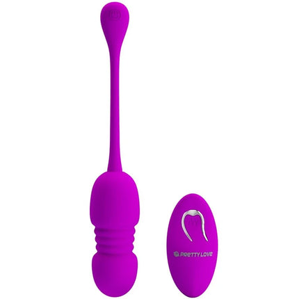 Vibrierendes ei in leuchtendem lila aus silikon mit fernbedienung und silbernem herzlogo von pretty love