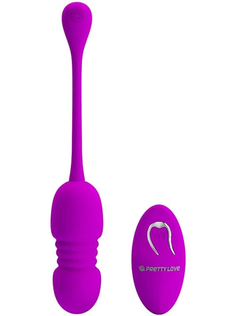 Vibrierendes ei in leuchtendem lila aus silikon mit fernbedienung und silbernem herzlogo von pretty love