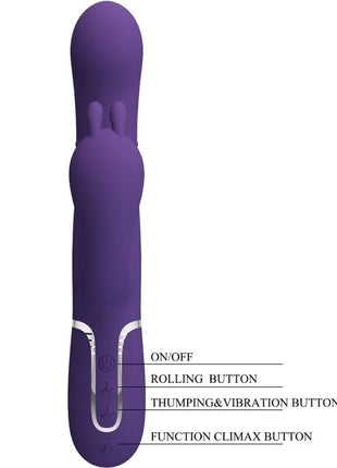 Lila silikon rabbit vibrator mit silbernen akzenten und bedienknöpfen von pretty love cammy triple vibrator multifunction 4 in 1